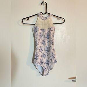 Levdance Floral Halter Leotard in Blue and Cream